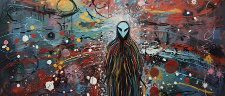 Abstract painting of a man with a hood on his head in the cityの素材