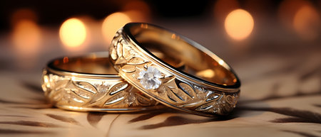 Wedding rings on a wooden table with candles in the backgroundの素材