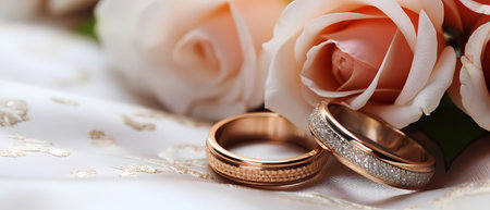 Wedding rings on the background of a bouquet of rosesの素材