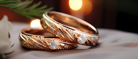 Wedding gold rings with diamonds on the background of the windowの素材