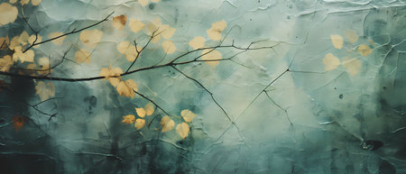 Vintage background with autumn leaves and grunge textured wall.の素材