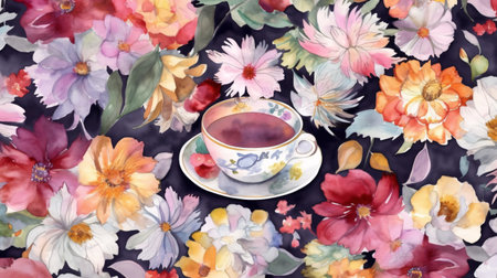 Watercolor painting of a cup of tea with flowers on a dark backgroundの素材
