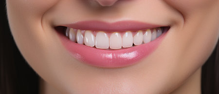 Close-up of smiling young woman with healthy white teeth. Dental care conceptの素材