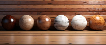 3d render of a row of wooden balls on a wooden backgroundの素材