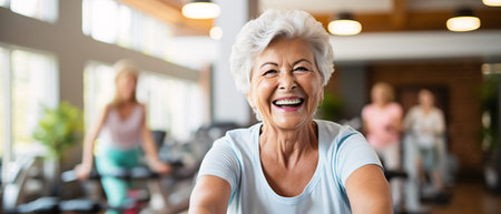 Portrait of senior woman smiling while exercising in fitness studio with trainerの素材