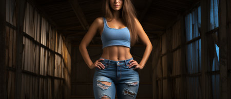 Athletic young woman in jeans and a tank top.の素材