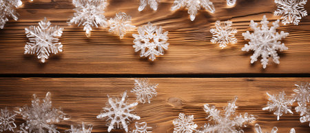 Christmas background with snowflakes on wooden planks. View from aboveの素材