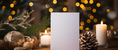 Christmas greeting card mockup with blurred bokeh lights on backgroundの素材