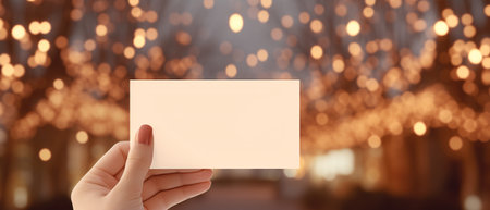 Woman hand holding business card with bokeh background. Christmas and New Year conceptの素材