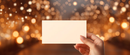 Hand holding blank business card with bokeh lights background. Mock upの素材