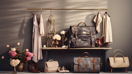 Stylish female bags and shoes on shelf in room, closeupの素材