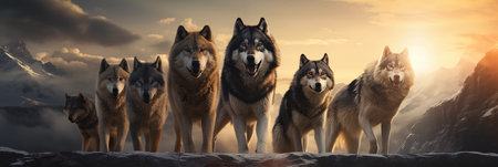 Group of wolves in the mountains at sunset. 3D renderingの素材