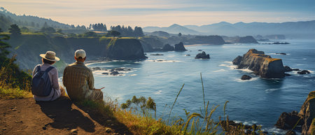 Two women sit on the edge of a cliff and look at the seaの素材