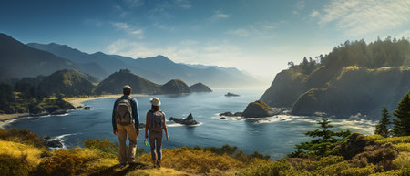 Man and woman enjoying the view of the Pacific Ocean from the top of a mountain.の素材