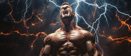Powerful strong man with muscular body and strong arms posing over thunder lightning background.の素材
