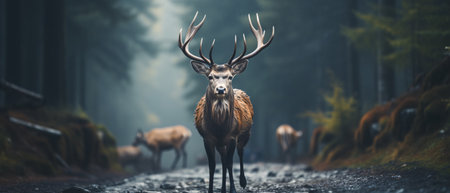 Majestic red deer stag with large antlers in the forestの素材