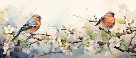 Watercolor illustration of a bullfinch and cherry blossom branchの素材