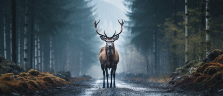 Majestic red deer stag with velvet antlers walking on misty forest road. Panoramic imageの素材
