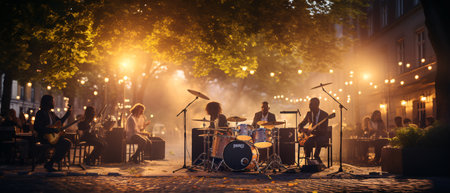 Rock band playing on the street at night in Prague, Czech Republicの素材