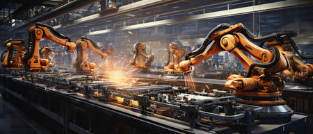 Industrial robot arm production line. 3d rendering industrial robot arm production lineの素材