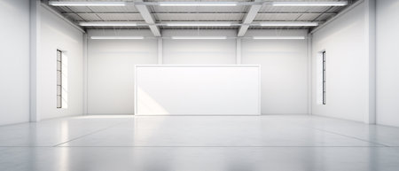 Empty gallery interior with blank white wall and window. Mock up, 3D renderingの素材
