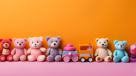 Cute teddy bear toys on orange background. Copy space.の素材