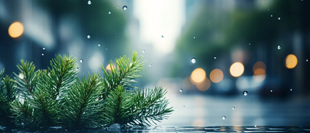 Spruce branch with water drops on blurred background. Christmas and New Year conceptの素材