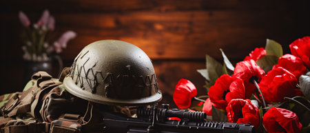 Was concept. Military helmet, machine gun and bouquet of flowers on wooden background.の素材
