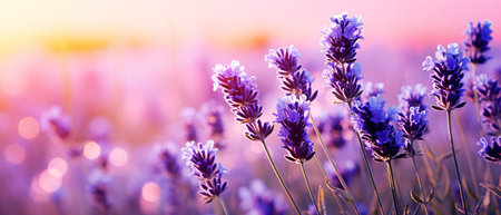 Lavender flowers in the field at sunset. Nature background.の素材