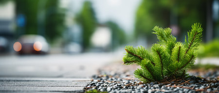 Conceptual image of green fir tree growing on asphalt road.の素材
