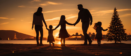 Silhouette of a happy family with children on the beach at sunsetの素材