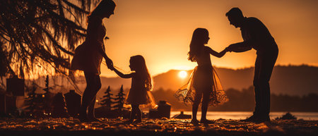 Photo for Silhouette of a happy family on a background of the setting sun - Royalty Free Image