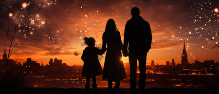 Silhouette of a happy family in front of fireworks background.の素材