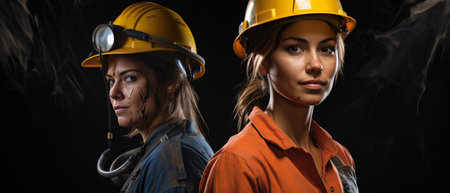 Portrait of two young women in hardhats on black backgroundの素材