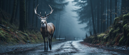 Majestic red deer stag in the forest. Panoramic image.の素材