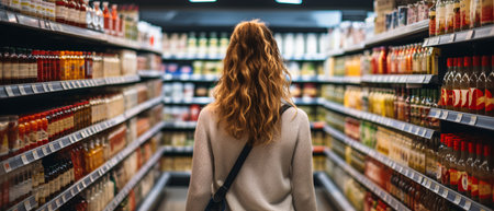 Rear view of young woman shopping in supermarket and looking at shelves with bottles of beverageの素材