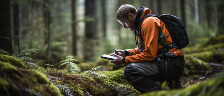 Hiker using a digital tablet in the rainforest during a hikeの素材