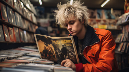 Young man reading a book in a book store. Education concept.の素材