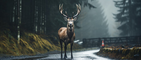 Majestic Red Deer (Cervus elaphus) stag walking on road in foggy forest.の素材