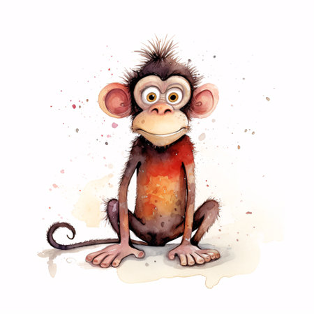 cartoon monkey isolated on white background. Watercolor hand drawn illustrationの素材
