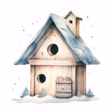 Hand drawn watercolor illustration of a wooden birdhouse in the snowの素材