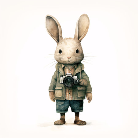 rabbit photographer with a camera on a white background. retro styleの素材