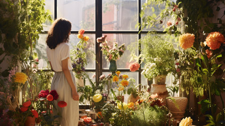 Young woman with bouquet of flowers standing near the window in a flower shopの素材