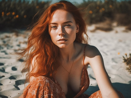 Beautiful girl with red hair on the beach in the sand.の素材