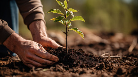 Close-up of male hands planting a small tree in the soilの素材