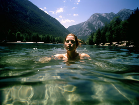 Young woman swimming in a lake with mountains in the background. Toned.の素材