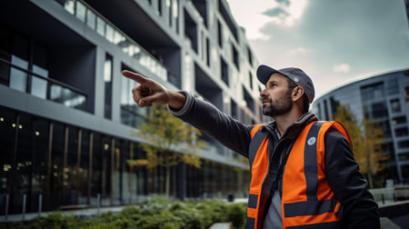 Foreman in reflective vest and cap pointing with finger on building backgroundの素材