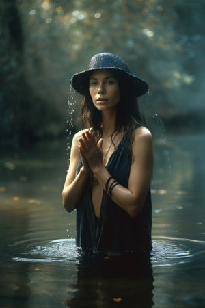 Portrait of a beautiful brunette woman in a black dress and hat standing in the water.の素材