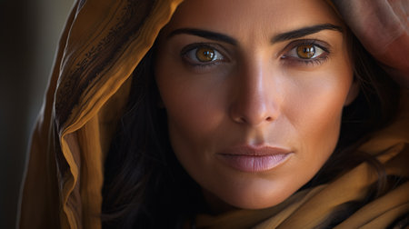 Close-up portrait of a beautiful young woman with brown eyes.の素材