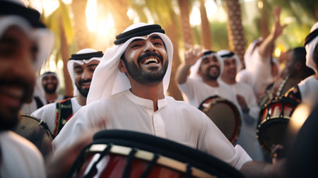 Group of Arabian people playing musical instruments in the park.の素材
